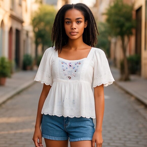 $34.99 NWT Old Navy Baby Doll Top Womens M White Swiss Dot Smocked Floral Embroi - Picture 1 of 6